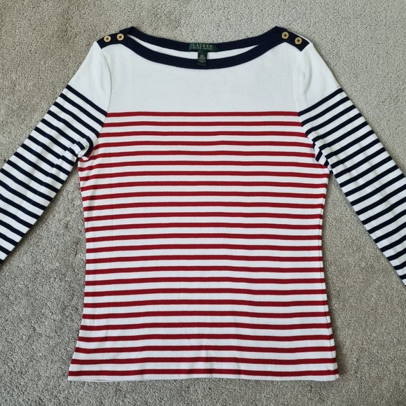 NWOT - Ralph Lauren Boat Neck 3/4 Sleeve Stripe Top Size L - Picture 3 of 11